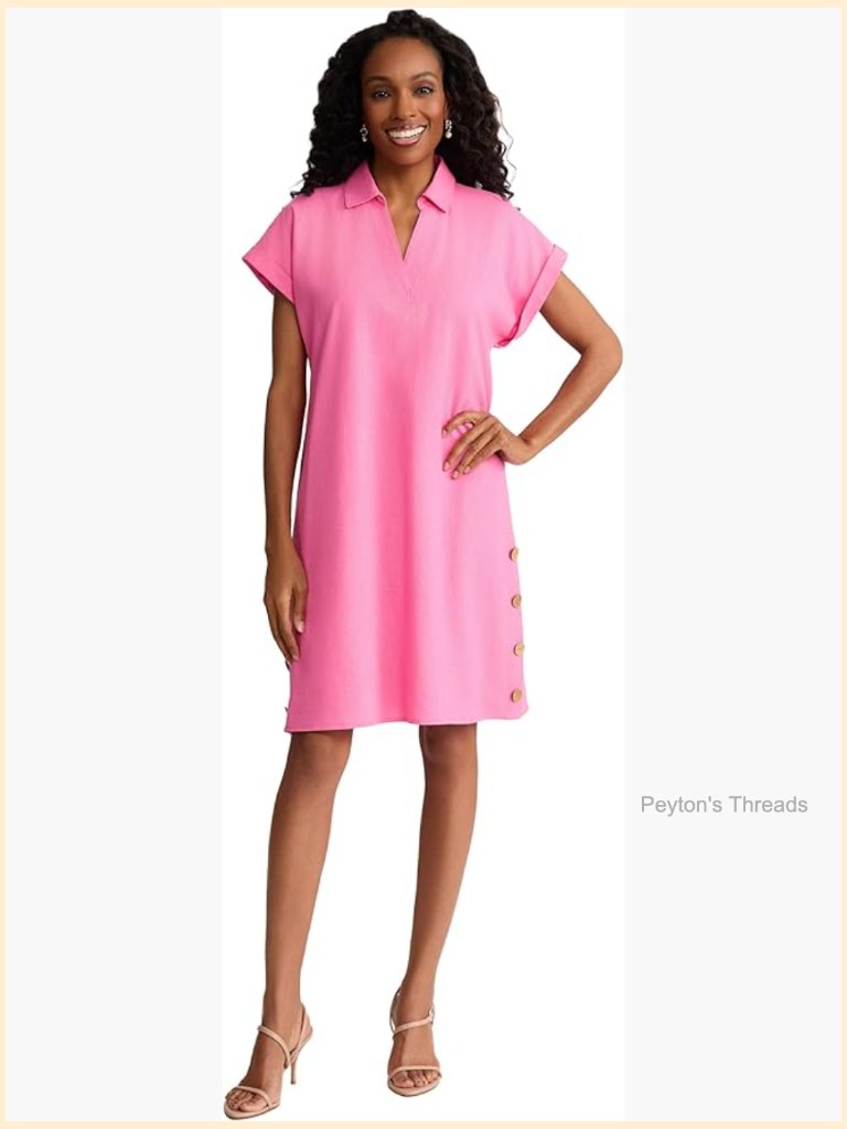 Short-Sleeve Collared V-Neck Linen Dress - Knee-Length, Pull On